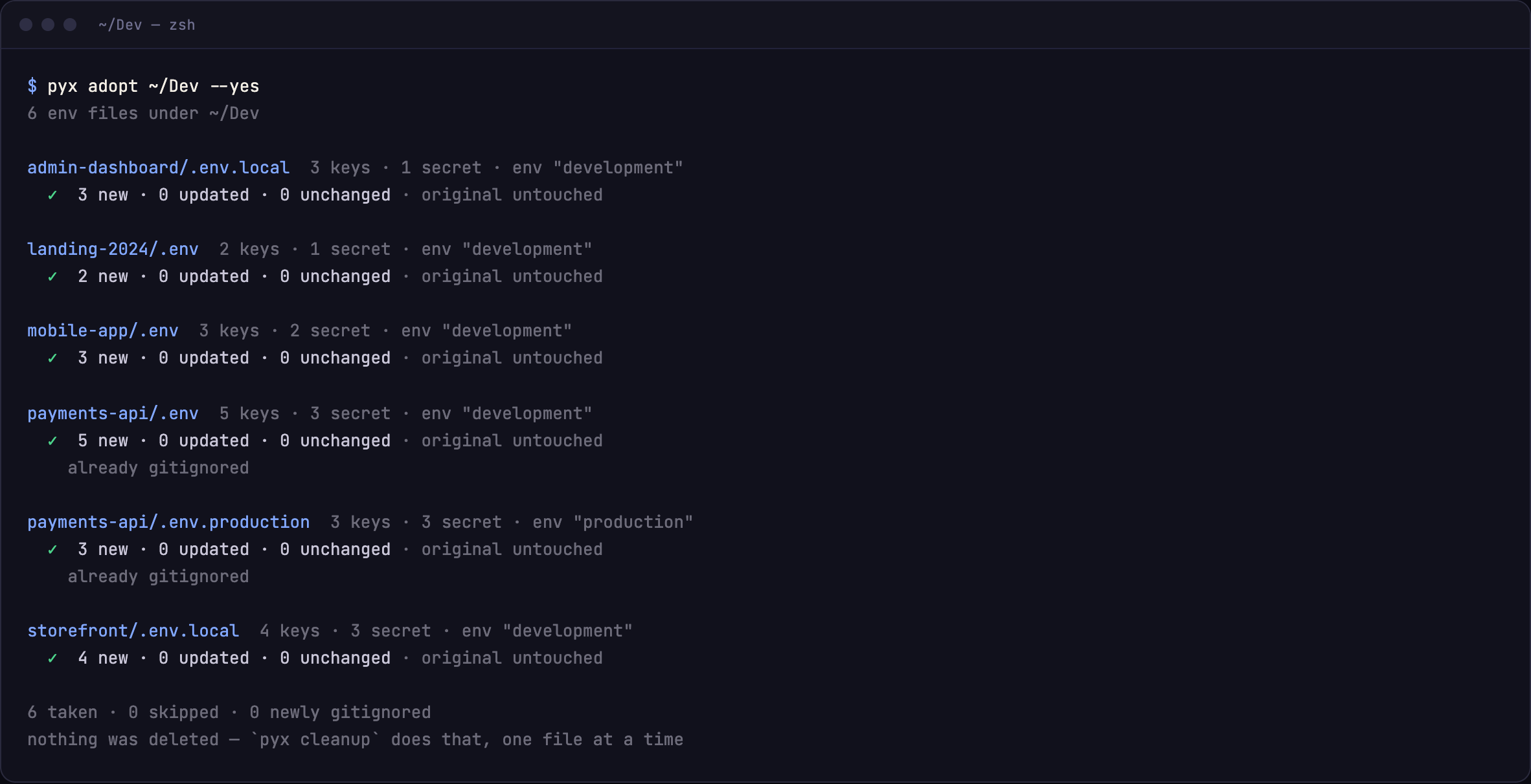 pyx adopt output: six env files taken into the vault, originals untouched