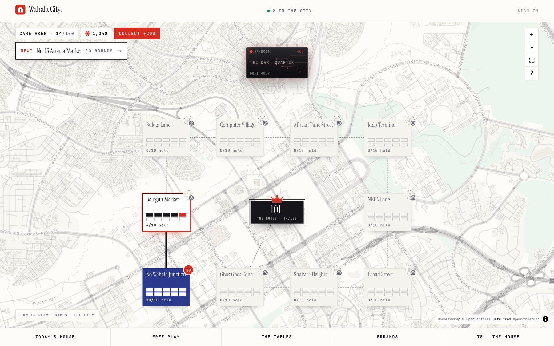 The Wahala City map of Abuja: ten district plates round House 101, a crown on the middle plate