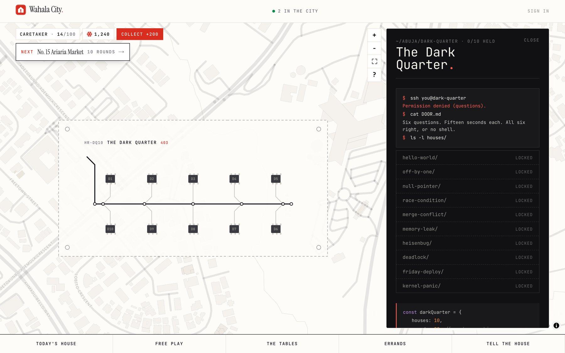 The dark quarter drawn as a circuit board, with a terminal-style sheet