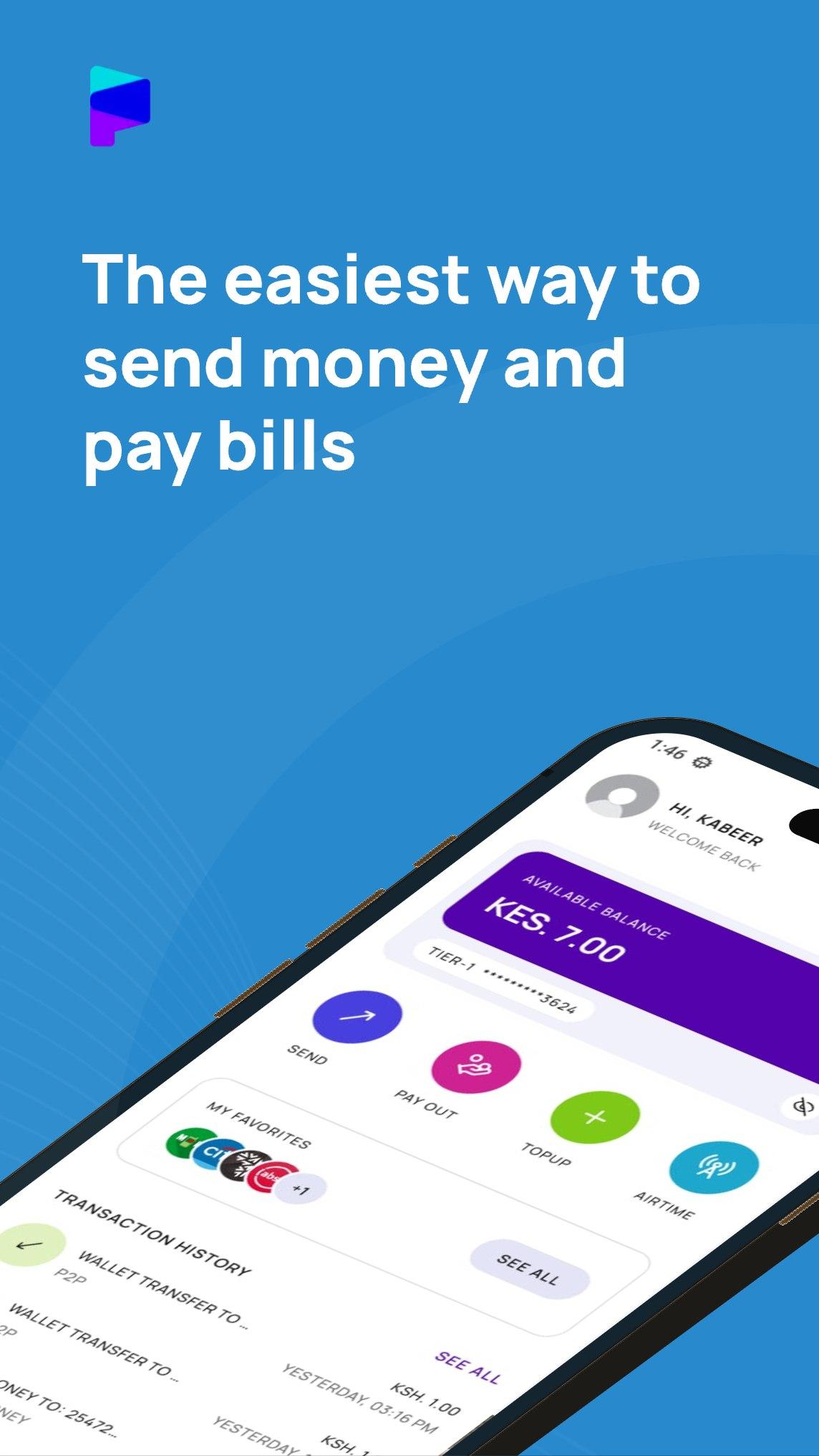 Send money and pay bills screen