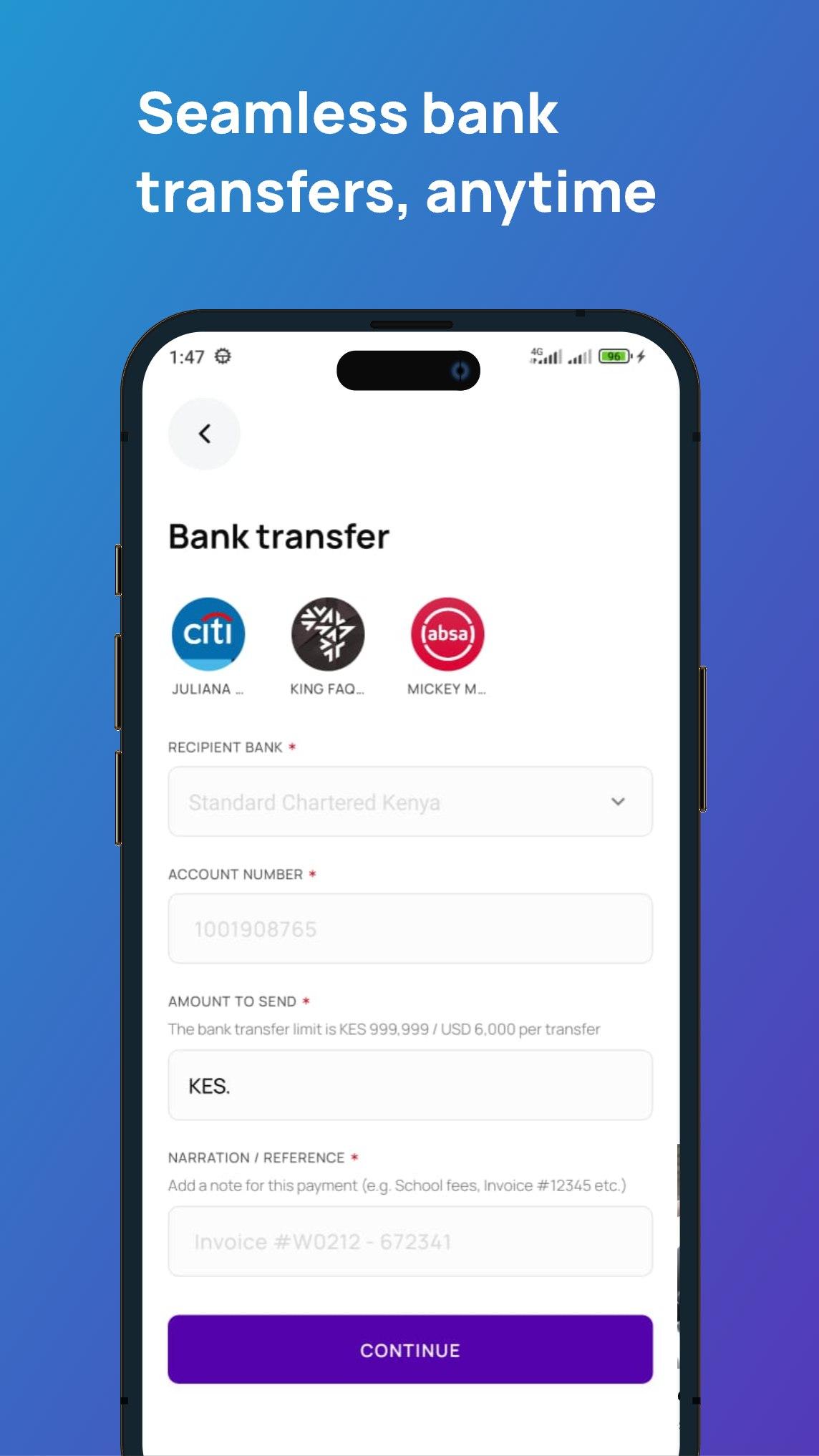 Seamless bank transfer form